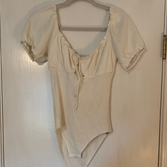 Topshop Tops - Topshop Cream Puff-Sleeve Bodysuit with Scoop Neck